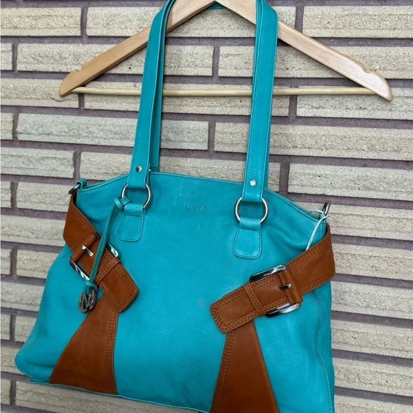 Aqua/Camel Leather Bag - NEW - Nappa Leather Handbag - Leather Purse - Picture 7 of 15